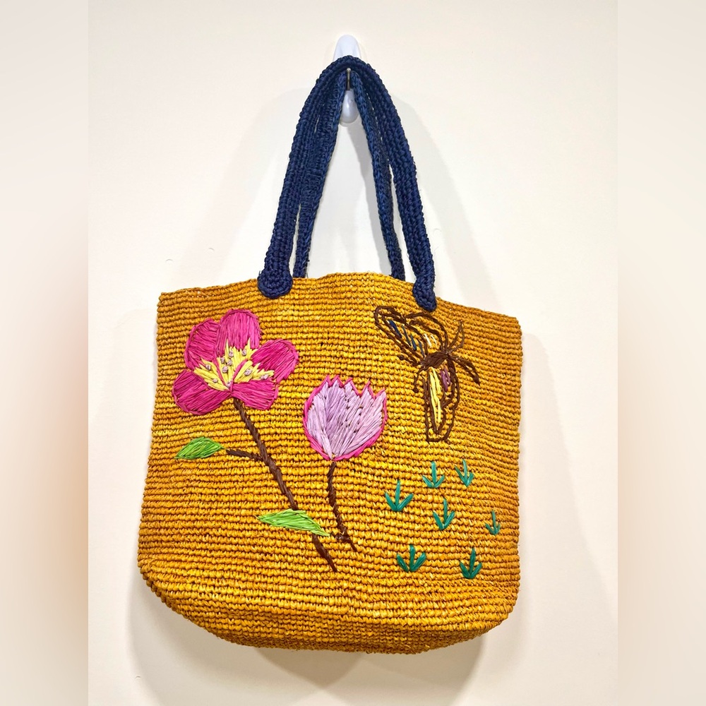 Handwoven Raffia Tote, Embroidered Floral Shoulder Bag, Boho Style Purse